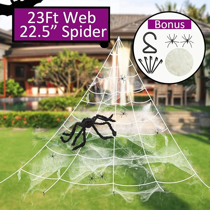 funitsv 23X18 ft Triangular Mega Spider Web with Super Stretch Cobweb Set + 2.8 FT Hairy Fade Spi... | Amazon (US)