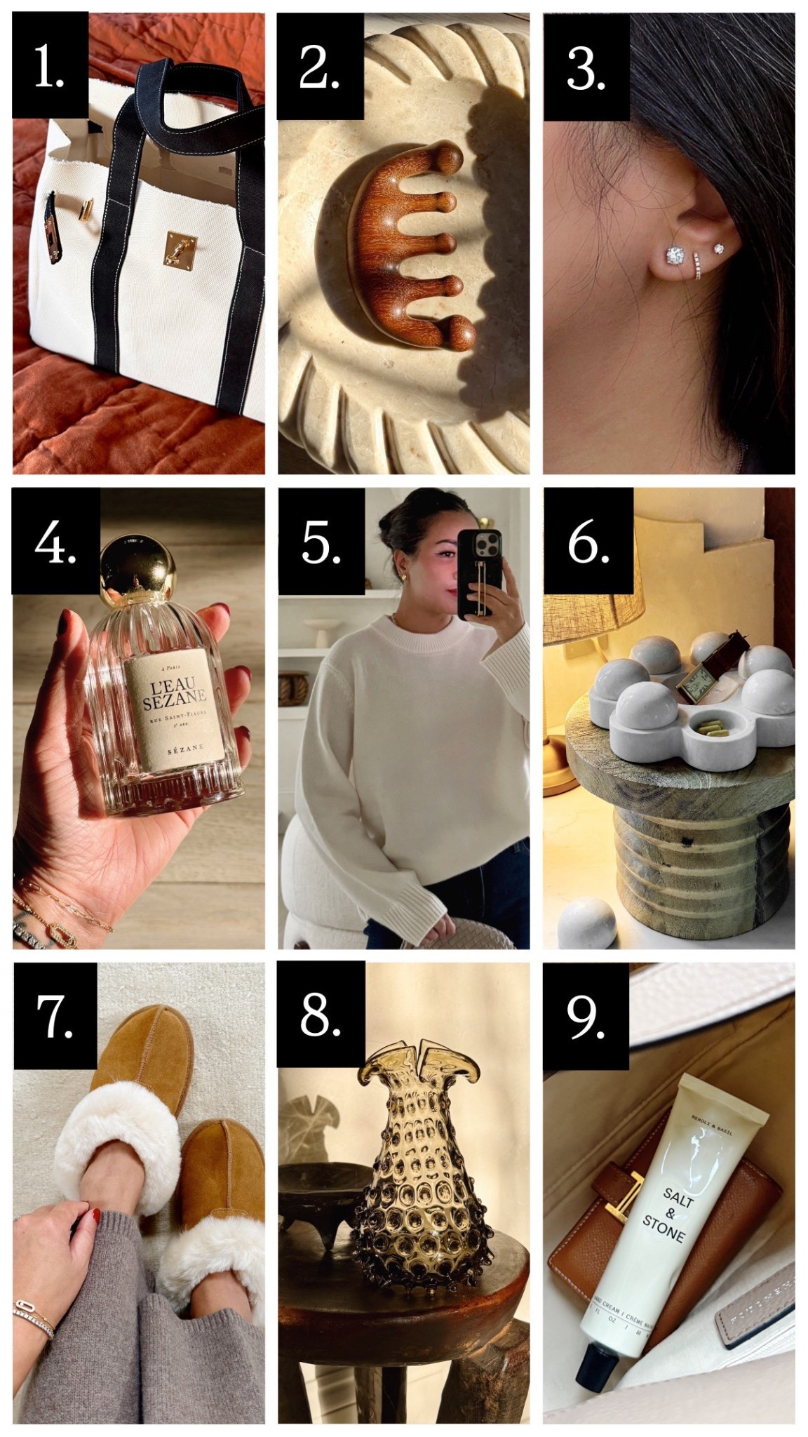 1.) Under $70, this canvas tote is a 10/10! It's well made, the hardware is substantial and it has for yourself and that picky friend!

2.) Under $10, this wooden scalp comb is a thoughtful gift that can help release tension and massage the scalp and neck. Plus the wooden design looks so beautiful.

3.) The gift that will get the most wear. These solitaire studs - simple and perfect that makes casual outfits feel more elevated and dressy looks feel more complete.

4.) My most complimented scent. Every time I wear this, it's a guarantee that someone asks about it. Fresh and clean, it's a light sparkling romantic scent. Easy to wear, lovely to be near.

5.) Hands down, the sweater that you'll wear constantly. It's so soft and comfortable with the right amount of slouch. Fit is TTS.

6.) The most stunning pill box. It’s by Anastasia Home.

7.) Affordable, plush and super comfortable! Memory foam padding with non-slip sole... like walking on clouds. The perfect cold weather gift. 

8.) A rare vintage find that makes a unique gift. This glass vase can be used as a coffee spoons holder, flower vase, desk catchall and more.

9.) A winter must have - a luxurious rich hand cream that smells divine. A great stocking stuffer or just a simple thinking-of-you care gift.

#LTKGiftGuide #LTKHoliday #LTKFindsUnder50