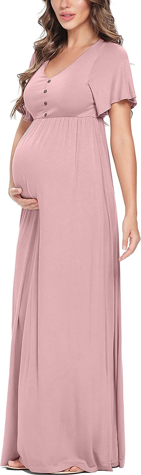 Peauty Button Down Maternity Dress Ruffle Short Sleeve Maxi Dress Baby Shower Maternity Photoshoo... | Amazon (US)