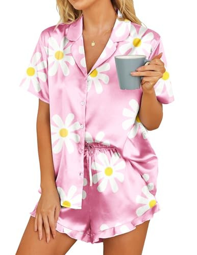 HOTOUCH Womens Satin Button Down Short Sleeve Pink Floral Pajamas Sleepwear Set 2 Piece Lounge Set | Amazon (US)