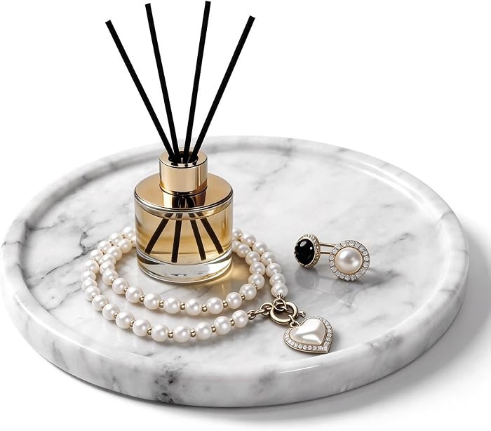 Natural Round Marble Tray - 7.8" Marble Vanity Tray for Dresser, Bathroom, Decorative Jewelry Dis... | Amazon (US)