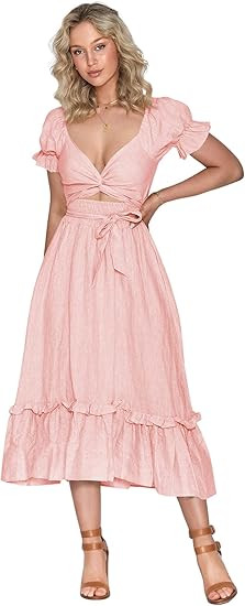 ZAFUL 2023 Boho Maxi Dress for Women A Line Tie Waist Summer Dress Deep V Neck Smocked Wrap Dress | Amazon (US)