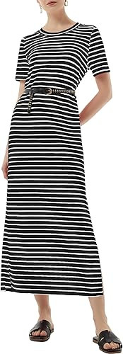 Women's Short Sleeve Double Split Maxi Dress 2024 Summer Casual Plain Striped Loose Long T Shirt ... | Amazon (US)