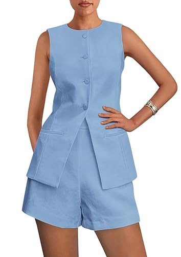 PRETTYGARDEN Two Piece Sets for Women Summer 2025 Button Down Suit Vest Tops High Waisted Shorts ... | Amazon (US)