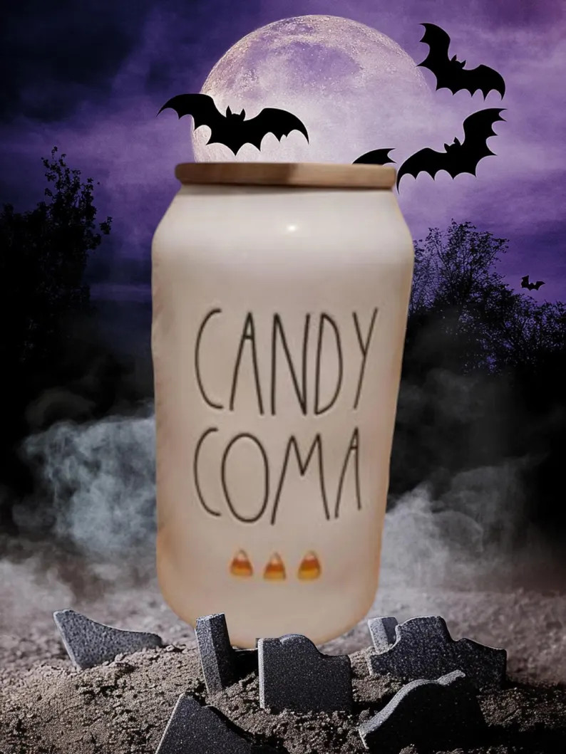 Rae Dunn CANDY COMA Tall White Canister With Wood Lid Candy Corn Design - Etsy | Etsy (US)
