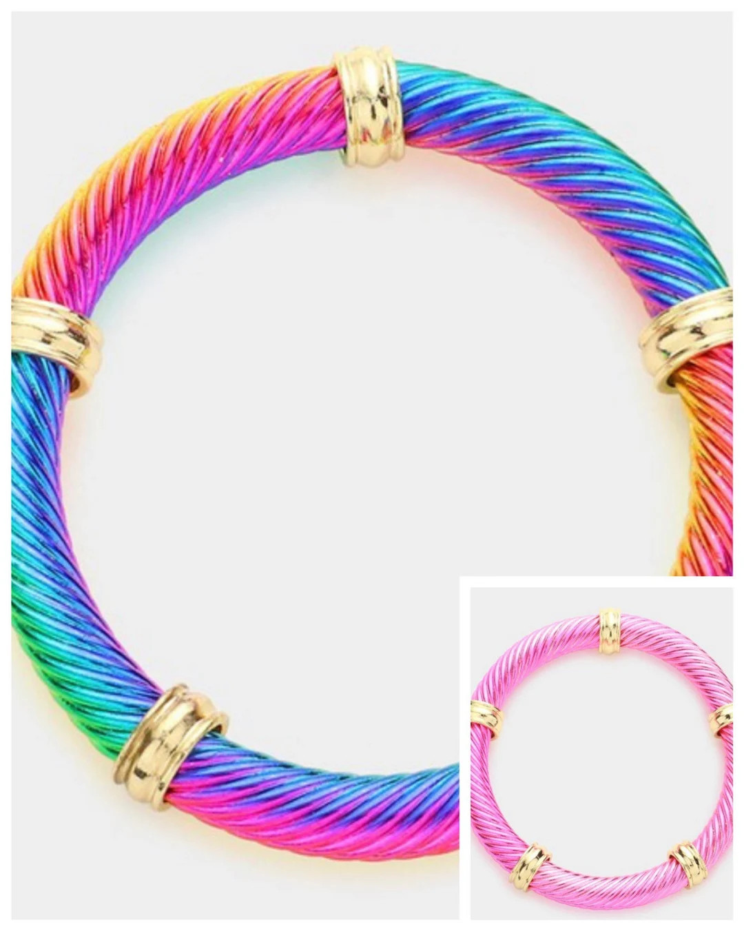 6mm Metallic colorful cable bracelet with Cabochon Ends, David style, pink, rose gold cable, twis... | Etsy (US)