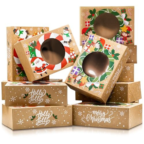 Christmas Cookie Boxes for Gift Giving - 12 Kraft Christmas Cookie Tins With Lids - Sturdy Christmas Treat Boxes, Christmas Tins - Festive Christmas Cookie Box Packaging - Cookie Boxes with Window | Amazon (US)