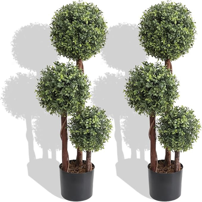 3ft Artificial Topiary Boxwood Ball Trees, Fake Topiaries Triple Ball Tree Outdoor, 35inch Faux B... | Amazon (US)