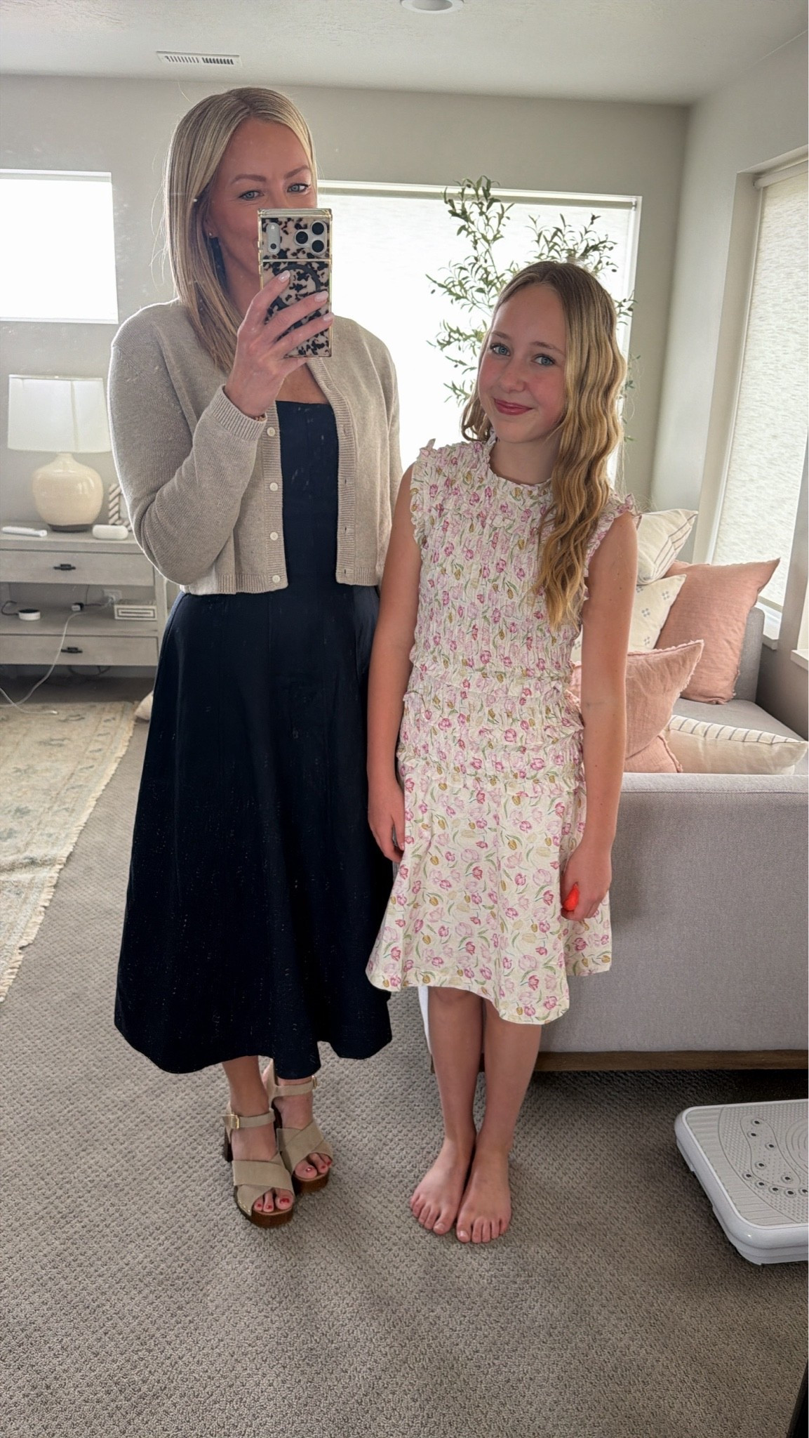 Sunday’s fit for church. 

Madewell dress in size 6
Aritzia sweater in size small
Shoes are true to size 

Avery’s dress is Shop Stevie but I couldn’t link it.