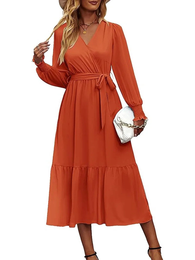 PRETTYGARDEN Women's Maxi Dress Fall Long Sleeve Wrap V Neck Ruffle Flowy Belted Spring Wedding G... | Walmart (US)