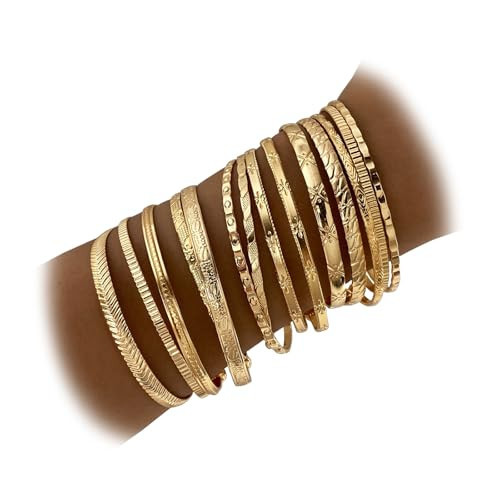 IFKM Gold Bangles Bracelets For Women, 14k Gold Plated Multi Layer Stackable Open Bracelet Set, Elegance Trendy Charms Non Tarnish Minimalist Textured Boho Jewelry Gift for Women | Amazon (US)