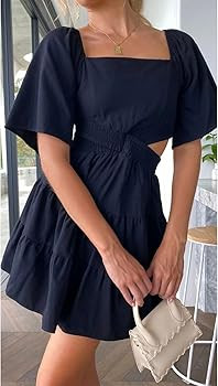 Shy Velvet Women's Summer Dress Square Neck Short Sleeves Crossover Waist Casual Party Mini Dress | Amazon (US)