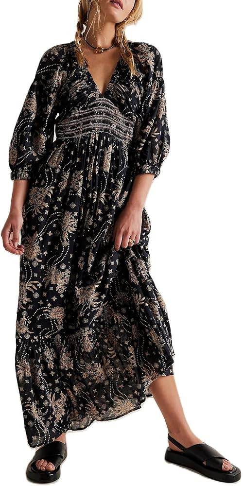 Women's 2023 Bohemian Maxi Dress Floral Puff Sleeve Ruffle Swing Dress Sexy Summer Beachwear Dres... | Amazon (US)