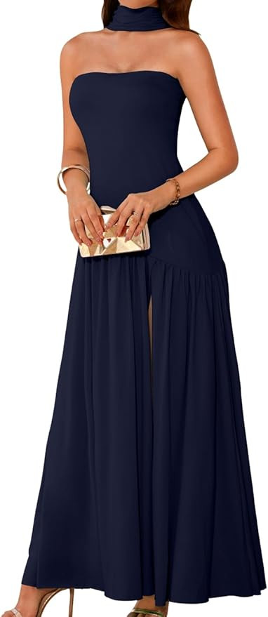 Women's Maxi Tube Dress with Scarf, Drop Waist High Slit Formal Prom, Wedding Guest Cocktail Part... | Amazon (US)