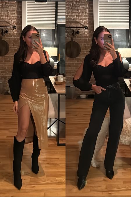 Same top, two different ways to style for date night or girls night out! Top runs a little small, size up if you have boobs! I sized down in the leather skirt. Revolve, all black outfit 

#LTKstyletip