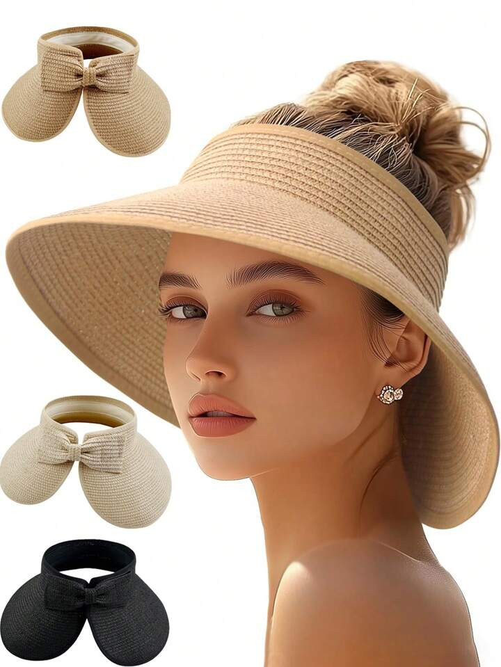 1pc Women's Wide Brim Straw Hat, Foldable Beach Hat With Ponytail Hole, Summer Sun Protection | SHEIN