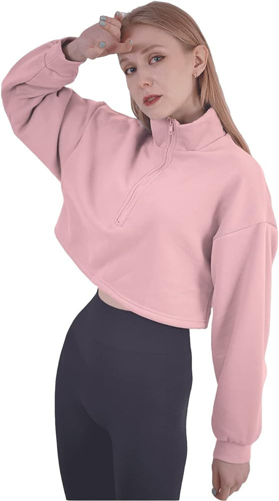 Haellun Women's Long Sleeve Half Zip Fleece Lined Crop Top Pullover Sweatshirt | Amazon (US)