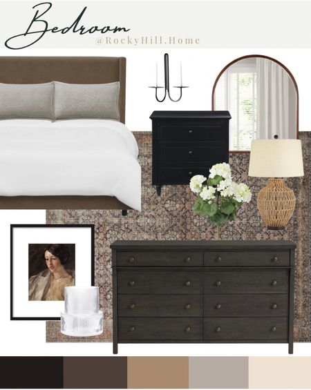 Brown, tan and gray bedroom mood board featuring a brown upholstered bed, gray bedding, black nightstands, charcoal dresser, woven table lamp, portrait, Amazon ribbed glass vase, walnut arched mirror, double candle sconce, loloi amber interiors rug and faux geraniums 

#LTKhome #LTKSeasonal #LTKstyletip