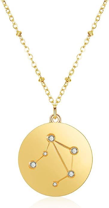 FAMARINE 18K Gold Plated Zodiac Necklaces, Simple Constellation Disc Pendant for Women Gifts | Amazon (US)