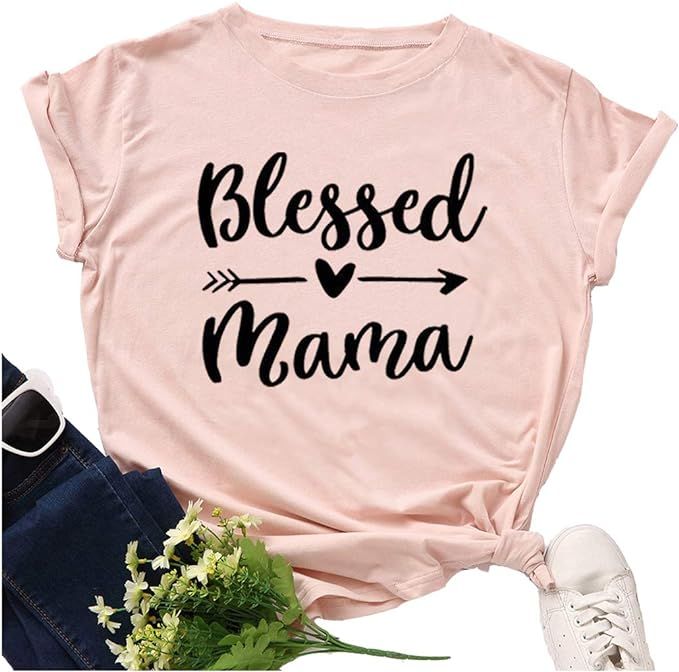 Sixbridge Womens Blessed Mama Letter Printed Graphic Round Neck T-Shirt | Amazon (US)
