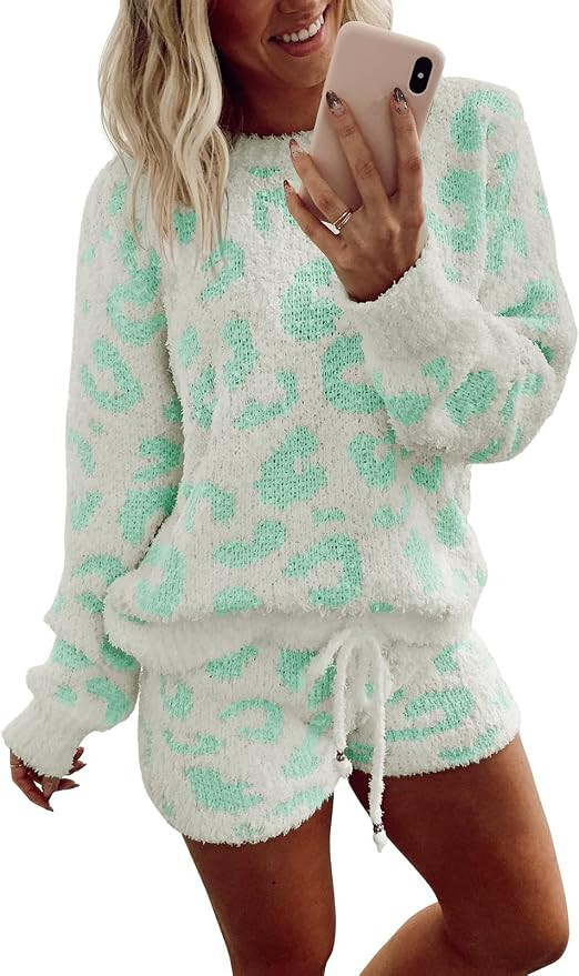 MEROKEETY Women's Fuzzy Fleece Leopard Long Sleeve Pajama Set 2 Piece Sweater Top and Shorts Loun... | Amazon (US)