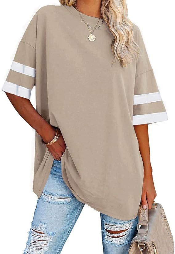 Fisoew Womens Oversized Tees Loose T Shirts Half Sleeve Crew Neck Color Block Cotton Tunic Tops | Amazon (US)