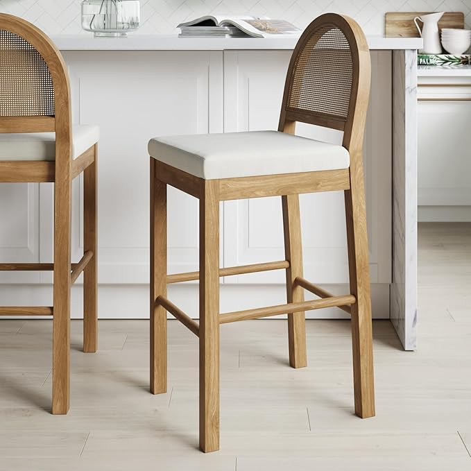 Nathan James Bailey 29 in. Boucle Bar Stool with Back, Bar Height Chair with Natural Woven Rattan... | Amazon (US)