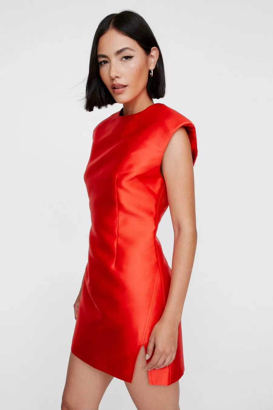 Structured Satin Shoulder Pad Side Split Dress | Nasty Gal US