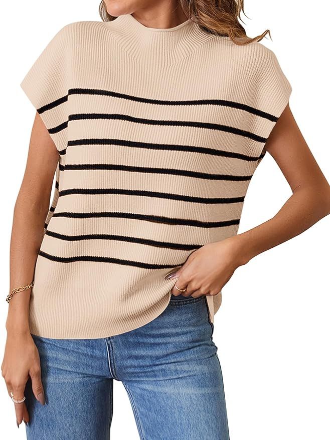 MEROKEETY Women's 2024 Sleeveless Mock Neck Striped Sweater Vest Cap Sleeve Ribbed Knit Pullover ... | Amazon (US)