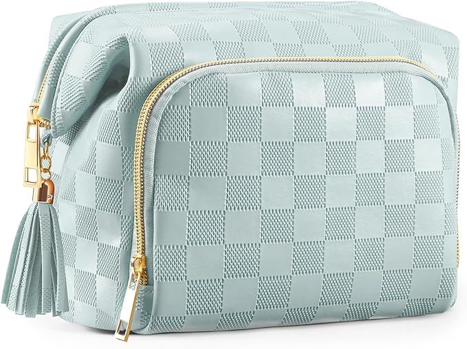 Travel Makeup Bag Organizer PU Leather Checkered Cosmetic Bag for Women Waterproof Portable with ... | Amazon (US)