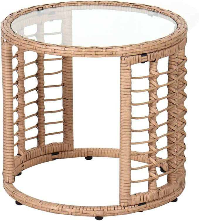 JOIVI Outdoor Wicker Side Table, All-Weather Patio Rattan End Table with Glass Top, Round Coffee ... | Amazon (US)