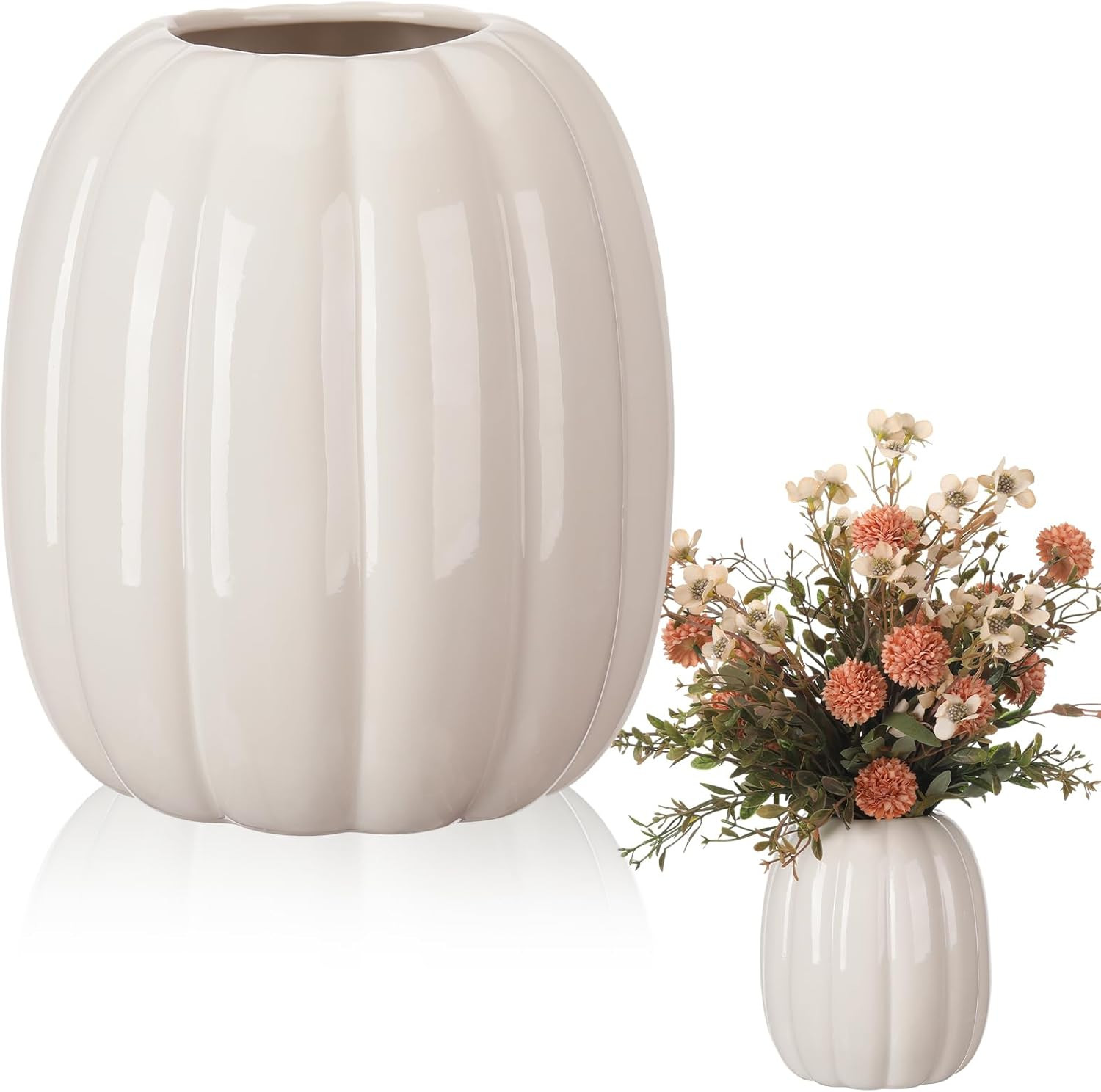 Beeveer 6.7 Inch Ceramic Pumpkin Vase Large Artificial Fake White Pumpkin Flower Vase Decorative ... | Amazon (US)