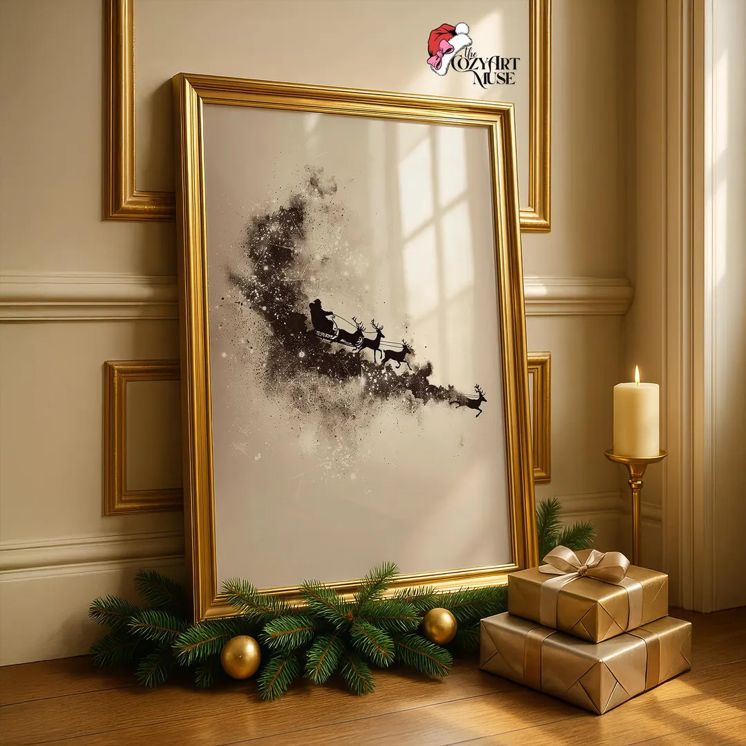 Santa Silhouette Christmas Print: Black and White Night Sky (Digital Download) | Etsy (US)