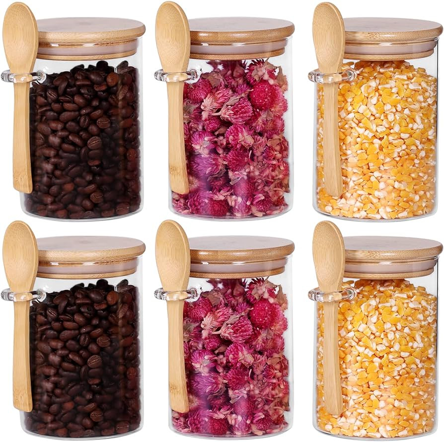 Glass Jars with Bamboo Lids and Spoon Set of 6, 17 OZ Coffee Sugar Container Set with Scoop, Over... | Amazon (US)
