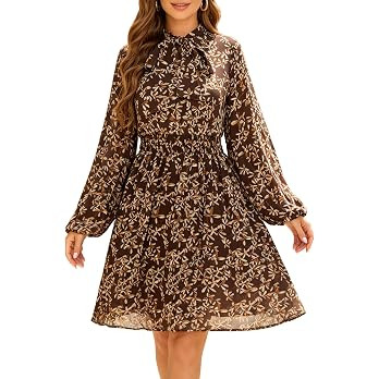 Women's Long Sleeve Bow Tie Smocked Chiffon Empire Waist Elegant Midi Dress | Amazon (US)
