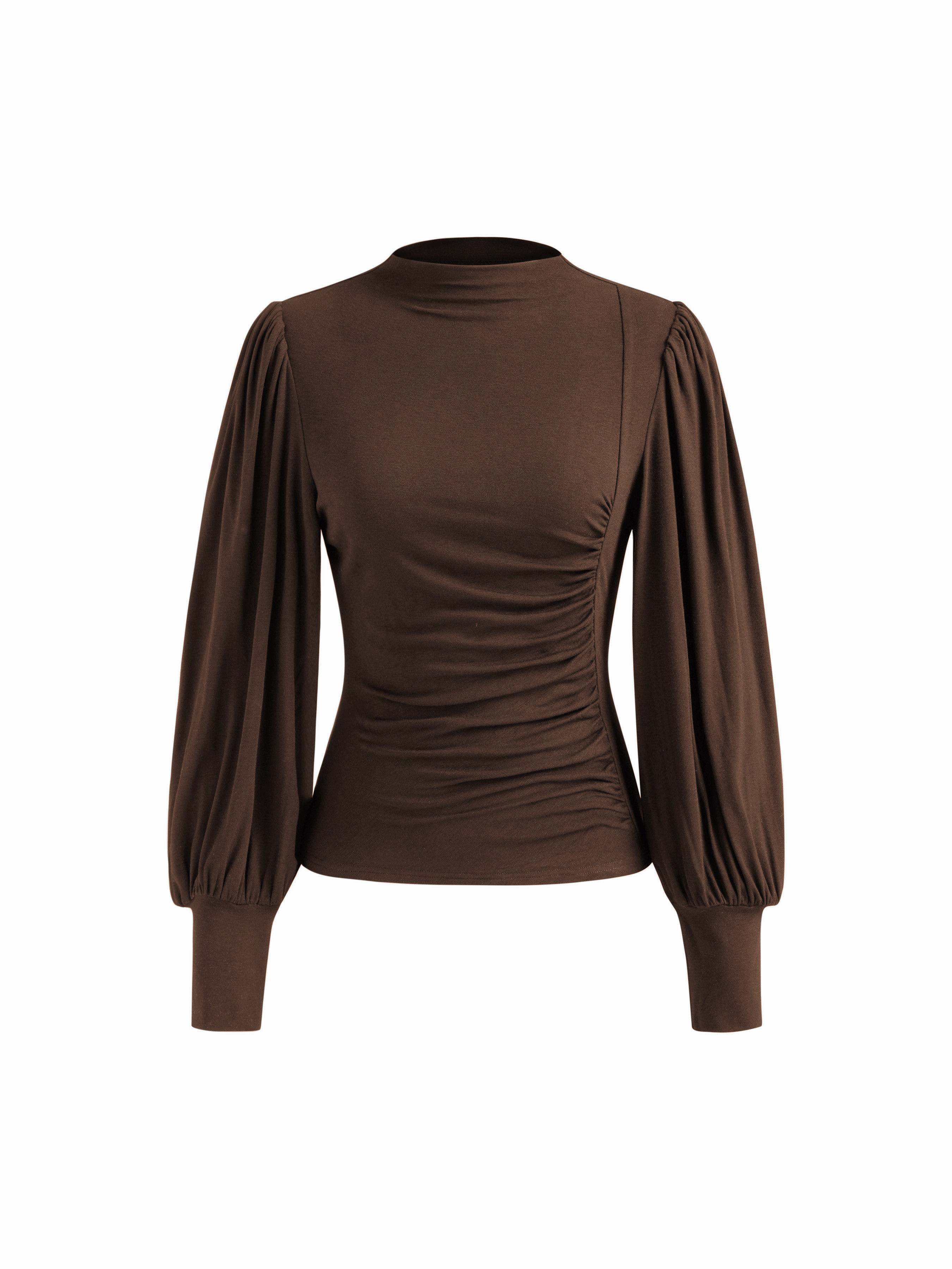 Knit Fabric High Neck Solid Ruched Long Sleeve Top For Work | Cider