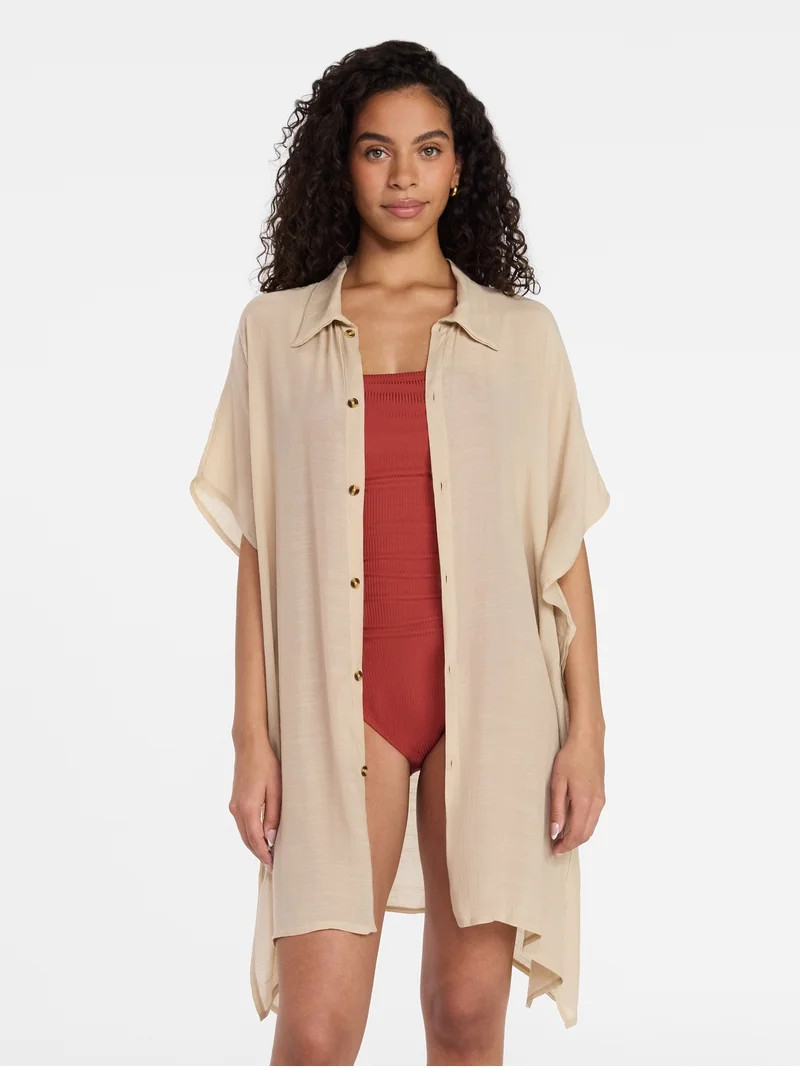 Time and Tru Women's Button Down Coverup, Sizes S/M, Light Tan | Walmart (US)