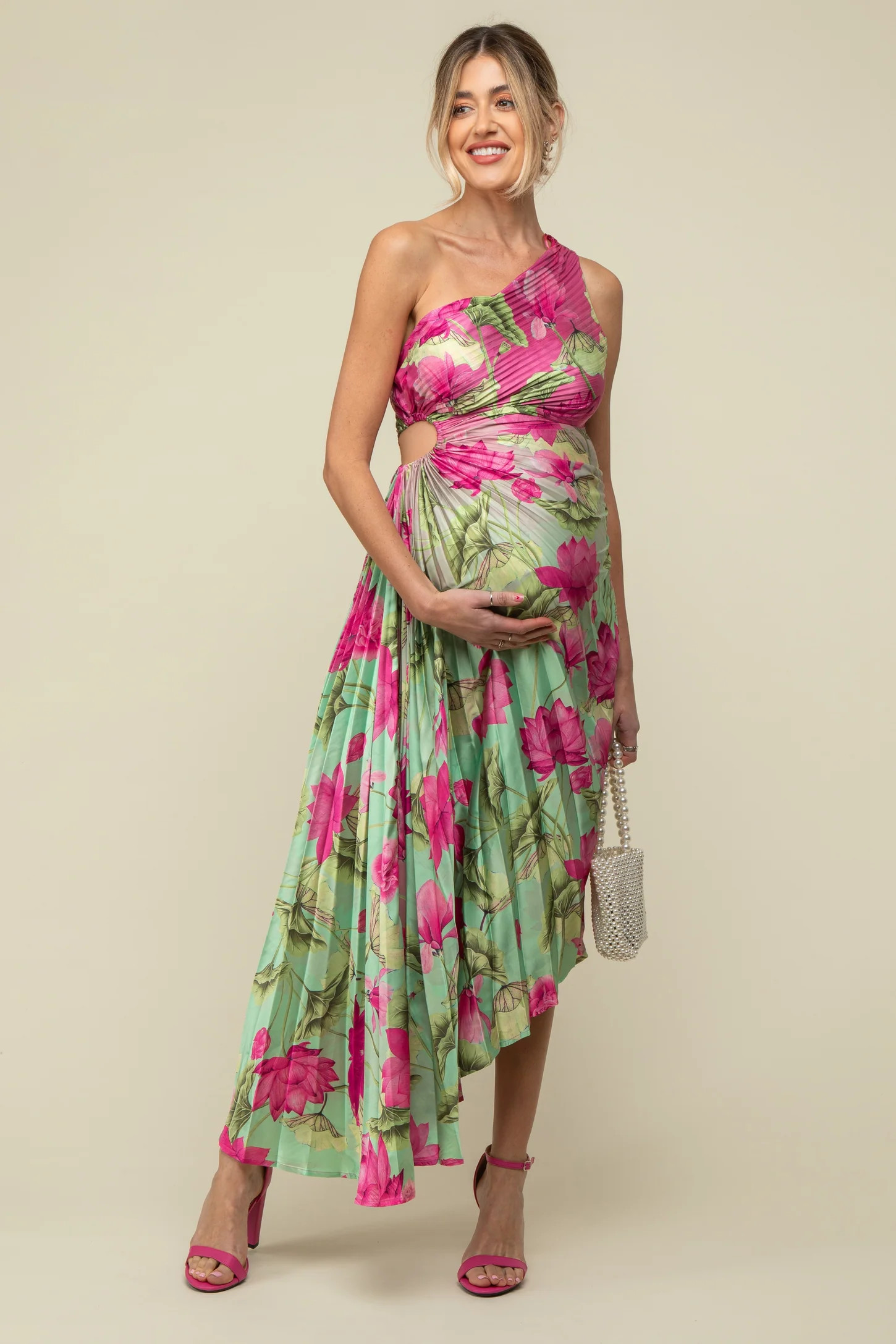 Pink Floral Pleated One Shoulder Cutout Maternity Dress | PinkBlush Maternity