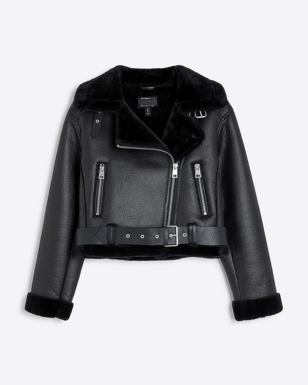 Black Belted Crop Aviator Jacket | River Island UK & IE