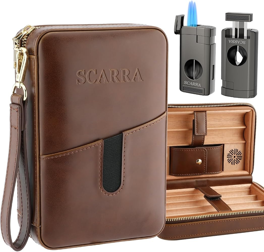 SCARRA Travel Cigar Humidor Box with Cigar Lighter, Leather Cedar Wood Cigar Case, V Cut Cigar Cu... | Amazon (US)