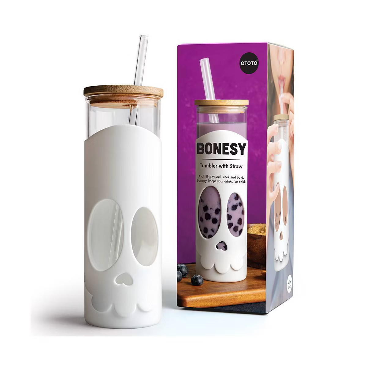 Ototo 17 fl oz Bonesy Glass Tumbler with Lid and Straw, Silicone, Glass, and Bamboo White | Target