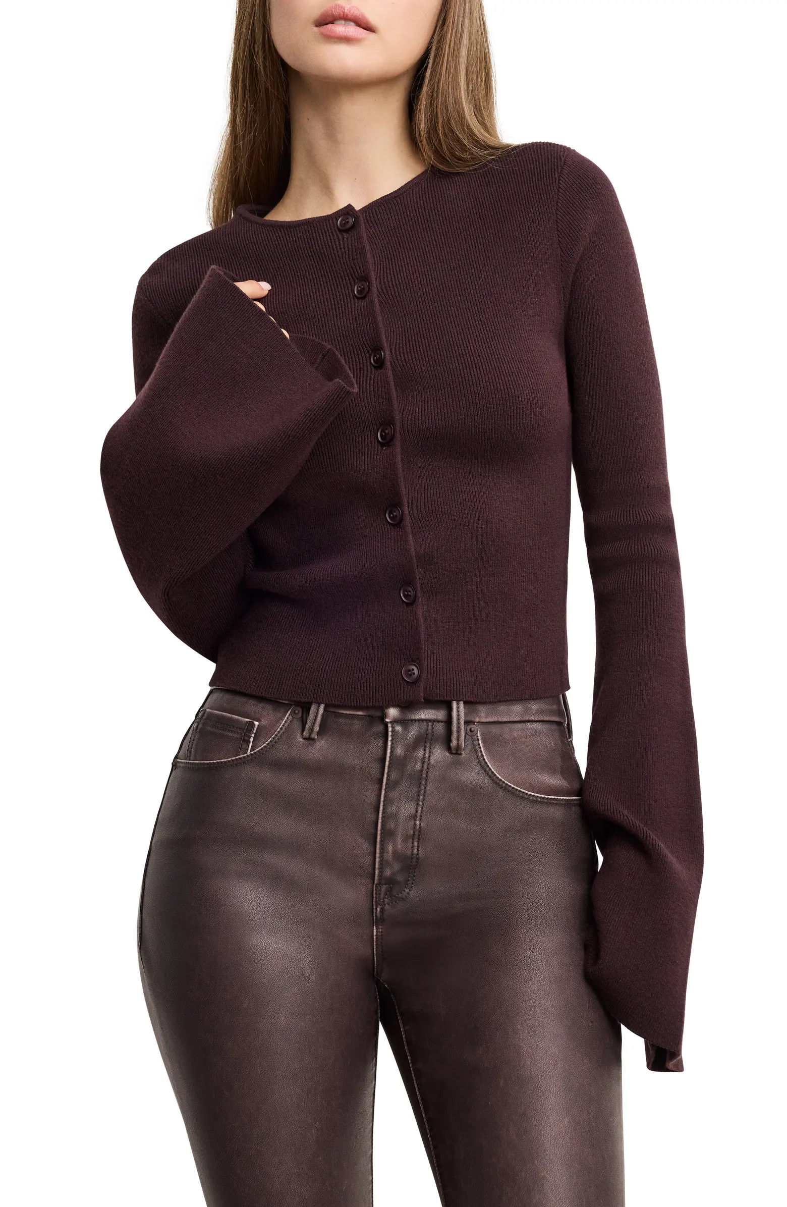 Good American Ribbed Bell Sleeve Cardigan | Nordstrom | Nordstrom