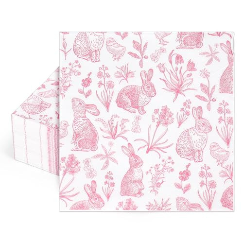 Whaline Easter Paper Napkins Chinoiserie Bunny Floral Luncheon Napkins Retro Pink White Rabbit Flower Disposable Dessert Dinner Napkin for Spring Wedding Birthday Party Table Supplies, 50 Pcs | Amazon (US)