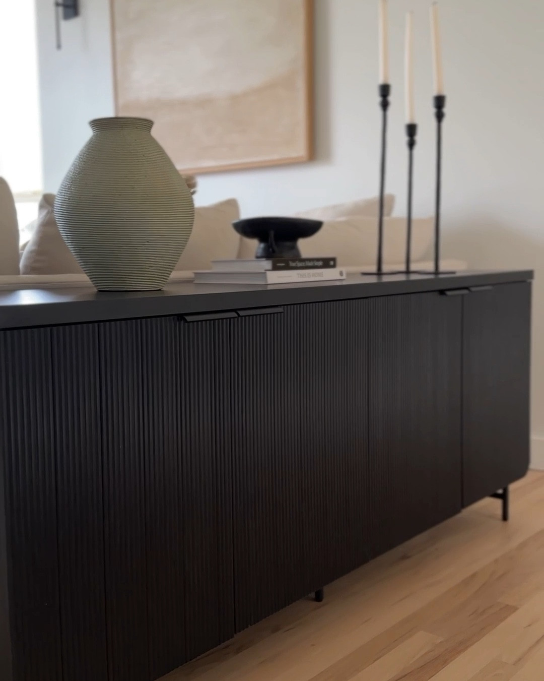 Dining room sideboard decor, black cabinet, storage cabinet 