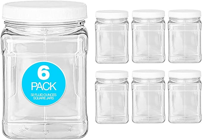Plastic Jars (32 Fl Ounce - 6 Pack) Square Grip Handle | Clear PET Empty Jar Container Sets with ... | Amazon (US)