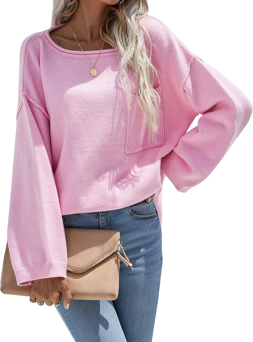ECOWISH Women Sweater Long Sleeve Color Block Knit Pullover Sweaters Crew Neck Patchwork Casual L... | Amazon (US)
