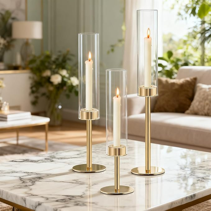 Rose Gold Taper Candle Holder Set, 3pcs Glass Hurricane Tall Candlestick Holders, Vintage Candela... | Amazon (US)
