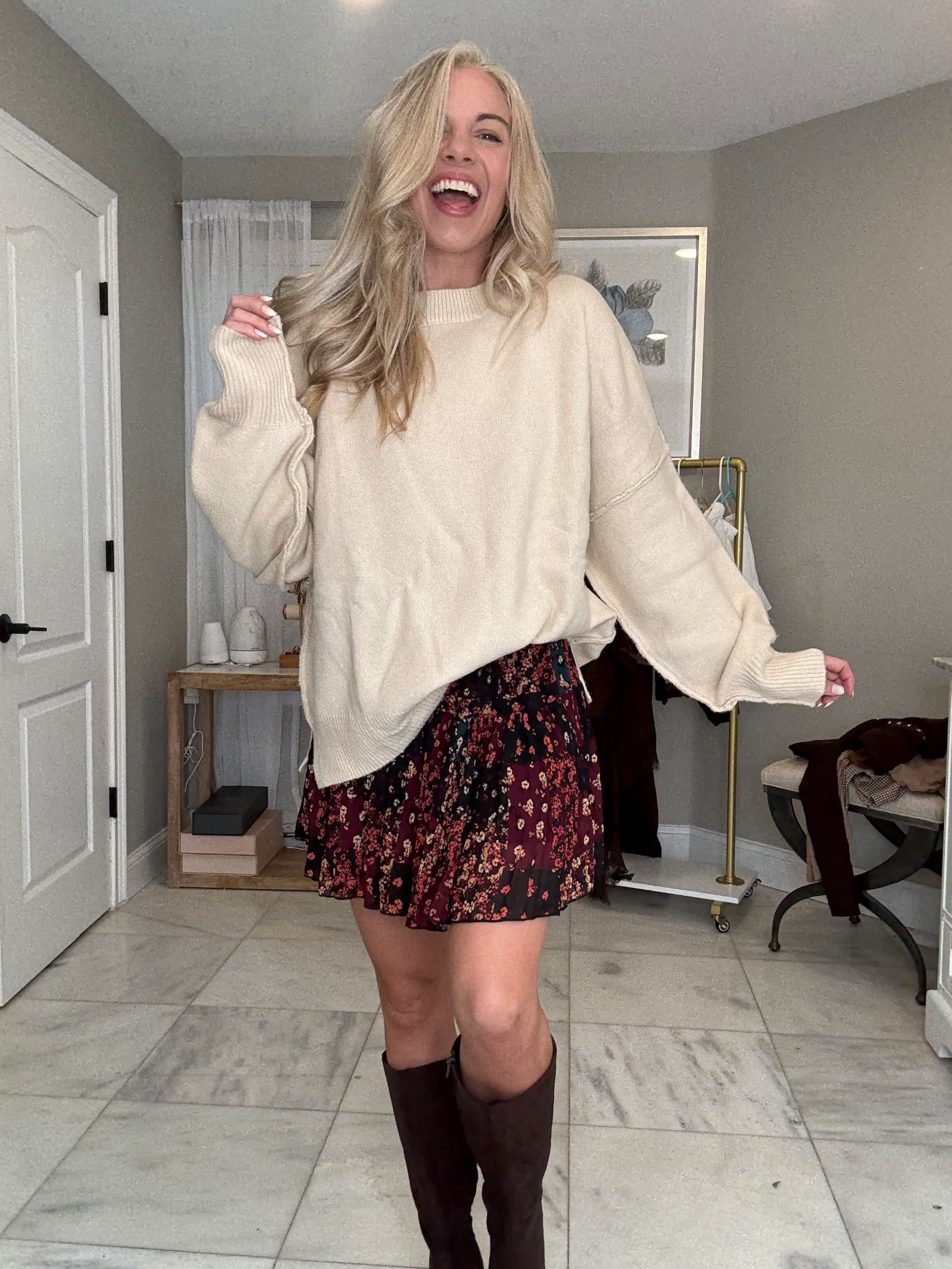Thanksgiving / fall outfit inspo !! This skirt is so fun yet classy and I paired it with some knee high boots and an oversized sweater !! Love this so much !

#LTKU #LTKSeasonal #LTKHoliday