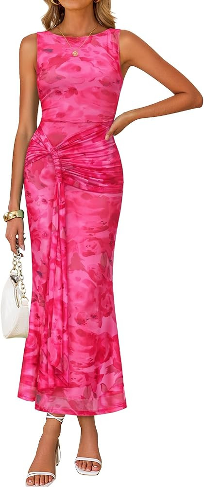 ZESICA Women's Summer Sleeveless Bodycon Dress 2026 Crewneck Ruched Sexy Mesh Wedding Guest Cockt... | Amazon (US)