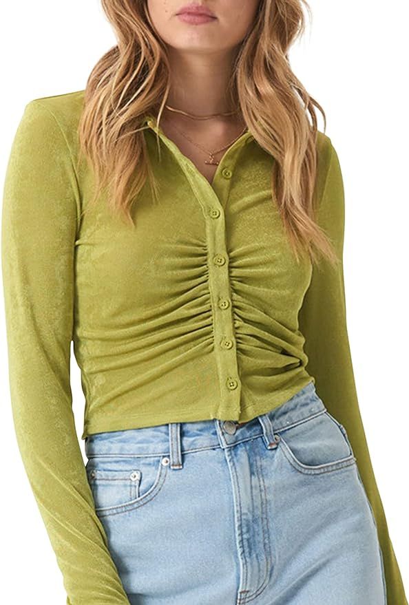 Meladyan Women Button Up Ruched Crop Top Long Sleeve Knit Cropped Collar Tshirts Solid Slim Fit B... | Amazon (US)
